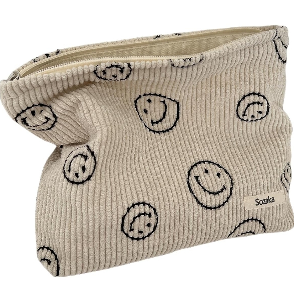 Sozakka, Set of 2, Corduroy Smiley Cosmetic/Makeup bag - beige